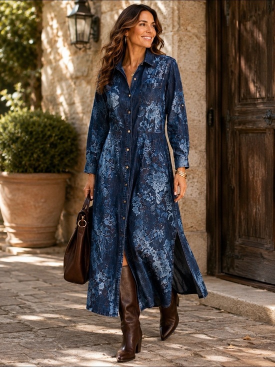Chico's Dresses & Skirts - Chico’s Floral Denim Button Front Maxi Shirt Dress Blue Size 1.5P Petite
